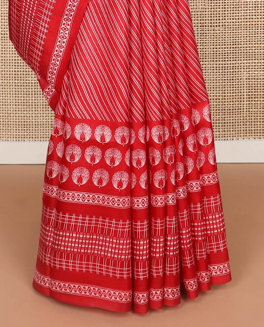 Red geometric design printed silk saree with self intricate design border