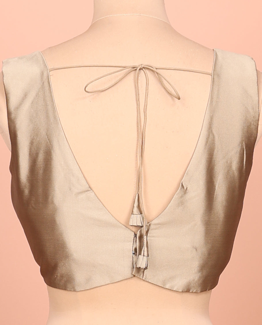 Champagne Gold Plain Readymade Blouse Featuring a Front V-Neck, Back Deep V-Neck, and Sleeveless
