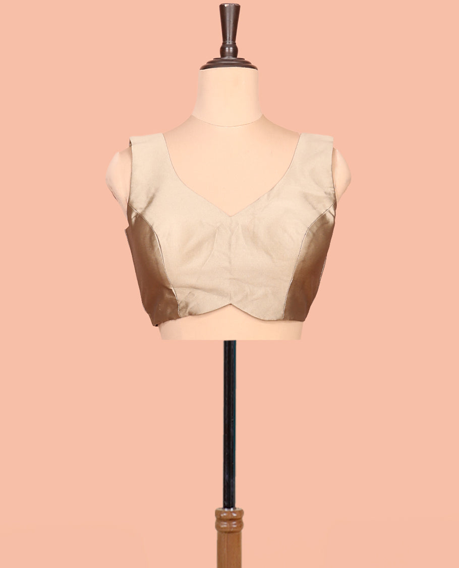 Champagne Gold Plain Readymade Blouse Featuring a Front V-Neck, Back Deep V-Neck, and Sleeveless