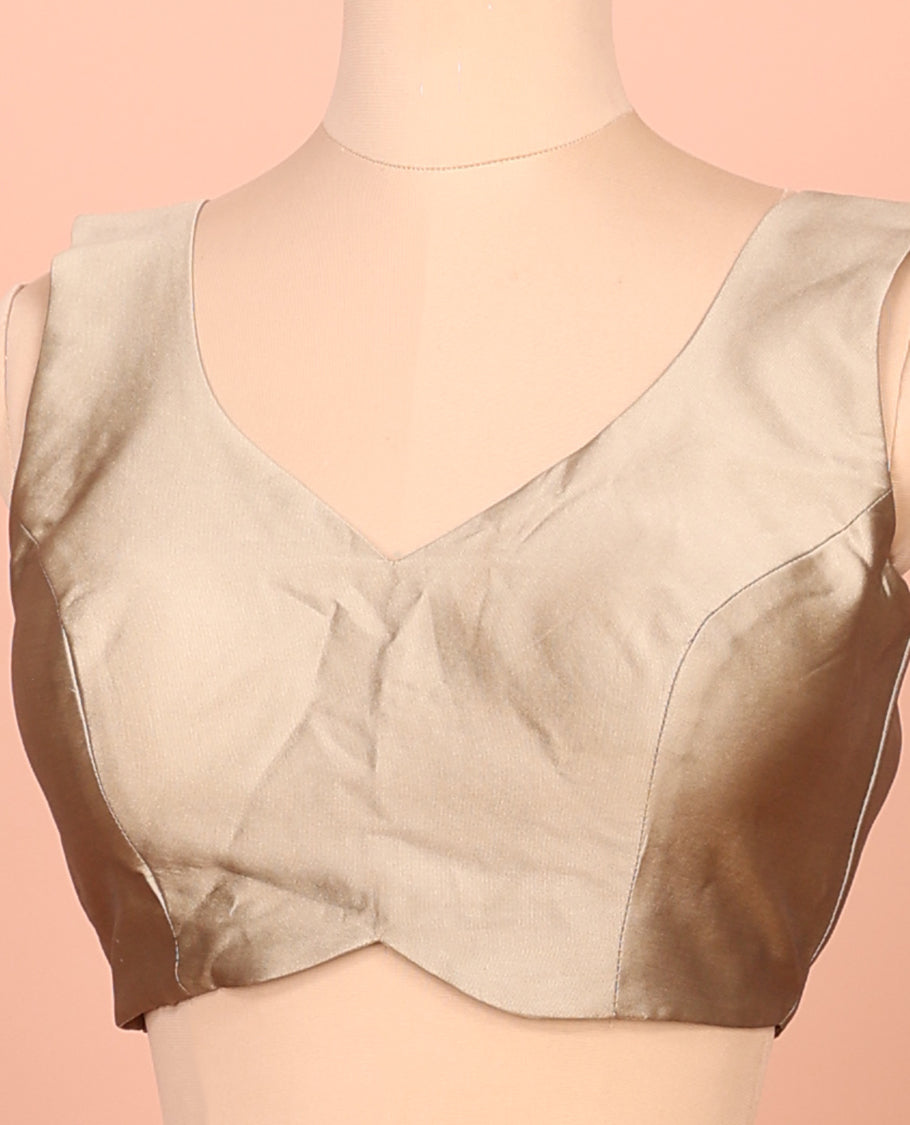 Champagne Gold Plain Readymade Blouse Featuring a Front V-Neck, Back Deep V-Neck, and Sleeveless