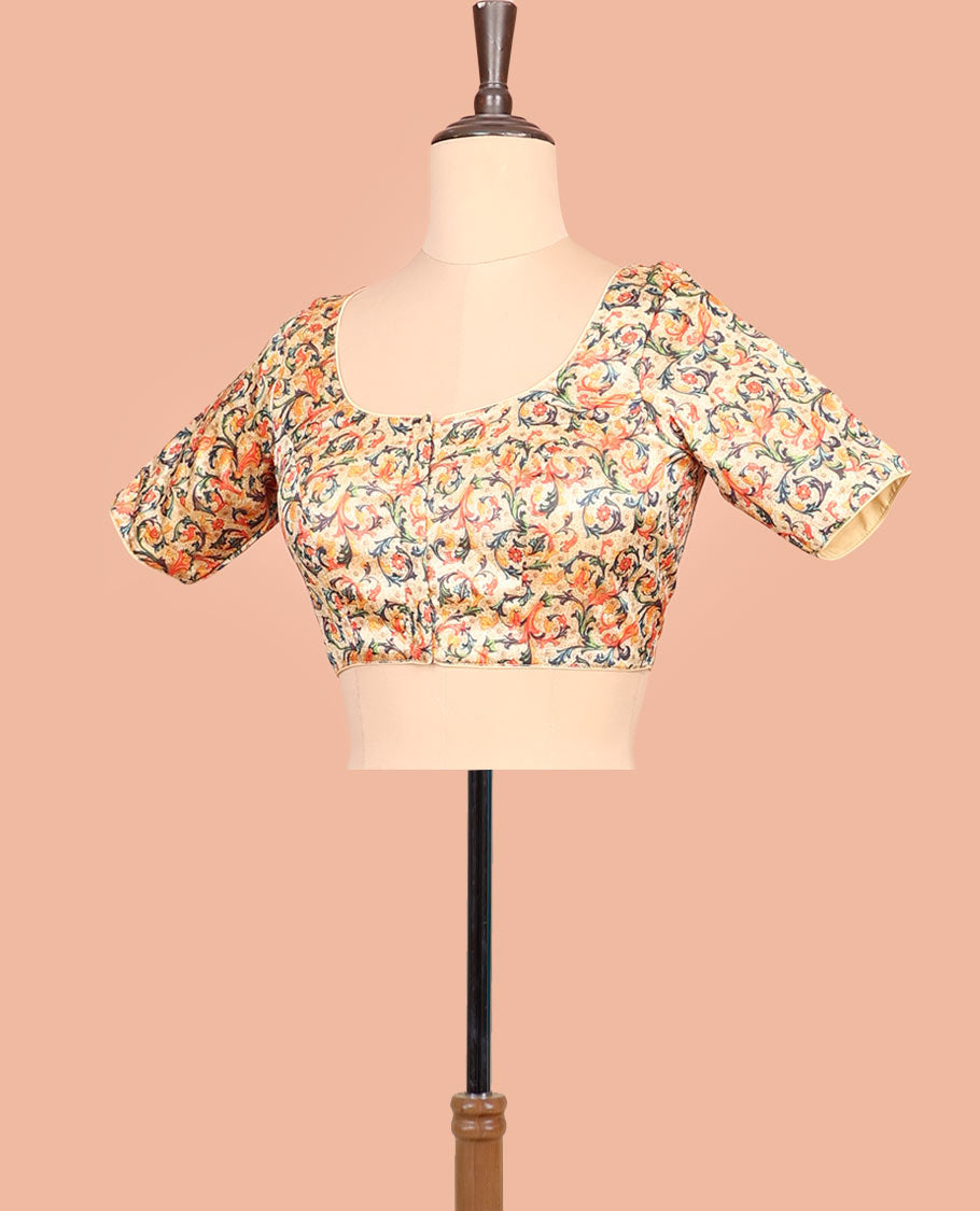 Sandal floral vine printed front-back round-neck elbow sleeve readymade blouse