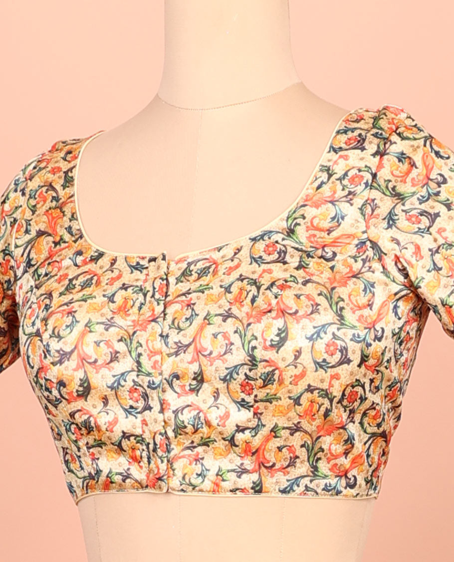 Sandal floral vine printed front-back round-neck elbow sleeve readymade blouse