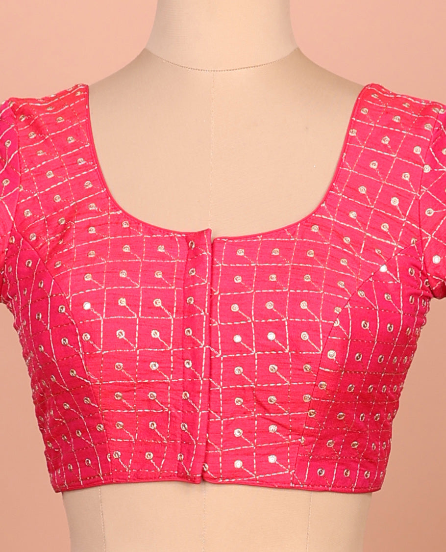 Pink checks thread embroidered front and back round-neck elbow sleeve readymade blouse