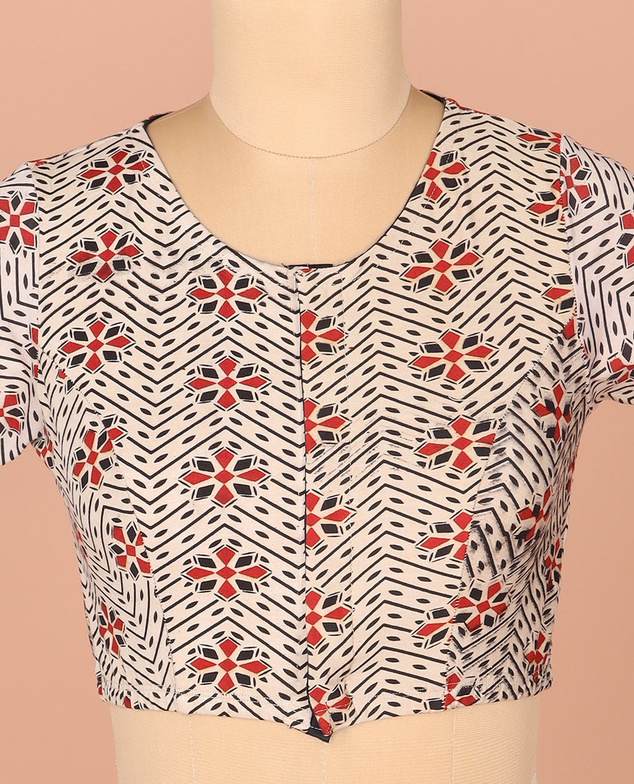 Off-White Readymade Blouse Detailed with Geometric Patterns Print, Featuring Front Round Neck, Back Closed Neck, and Elbow Sleeves
