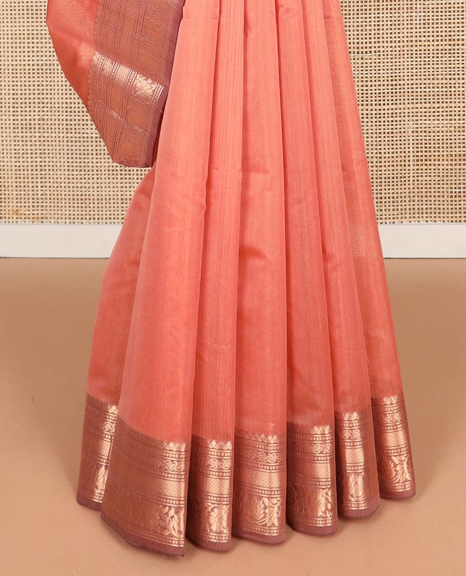 Peach motifs silk cotton saree with contrast zari design border & geometric design pallu