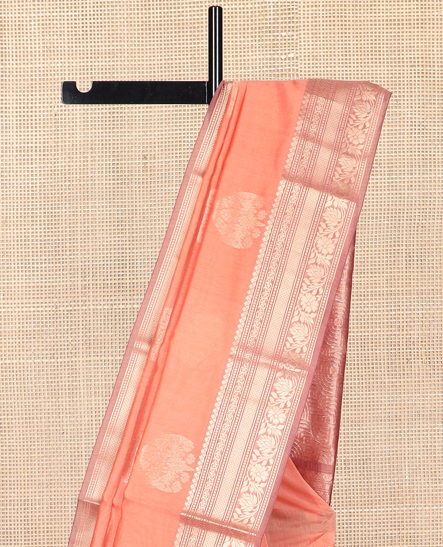 Peach motifs silk cotton saree with contrast zari design border & geometric design pallu