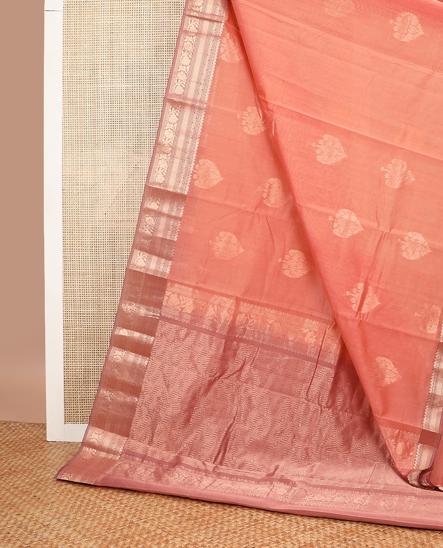 Peach motifs silk cotton saree with contrast zari design border & geometric design pallu