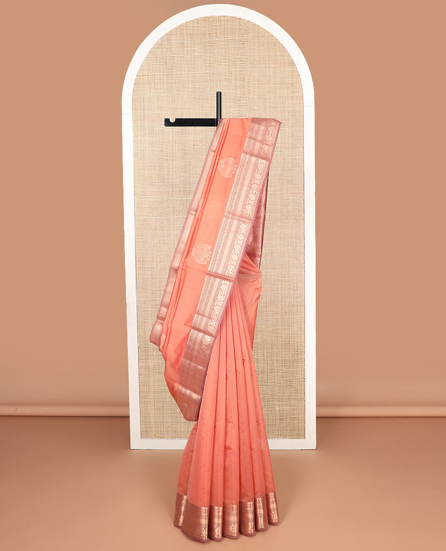 Peach motifs silk cotton saree with contrast zari design border & geometric design pallu