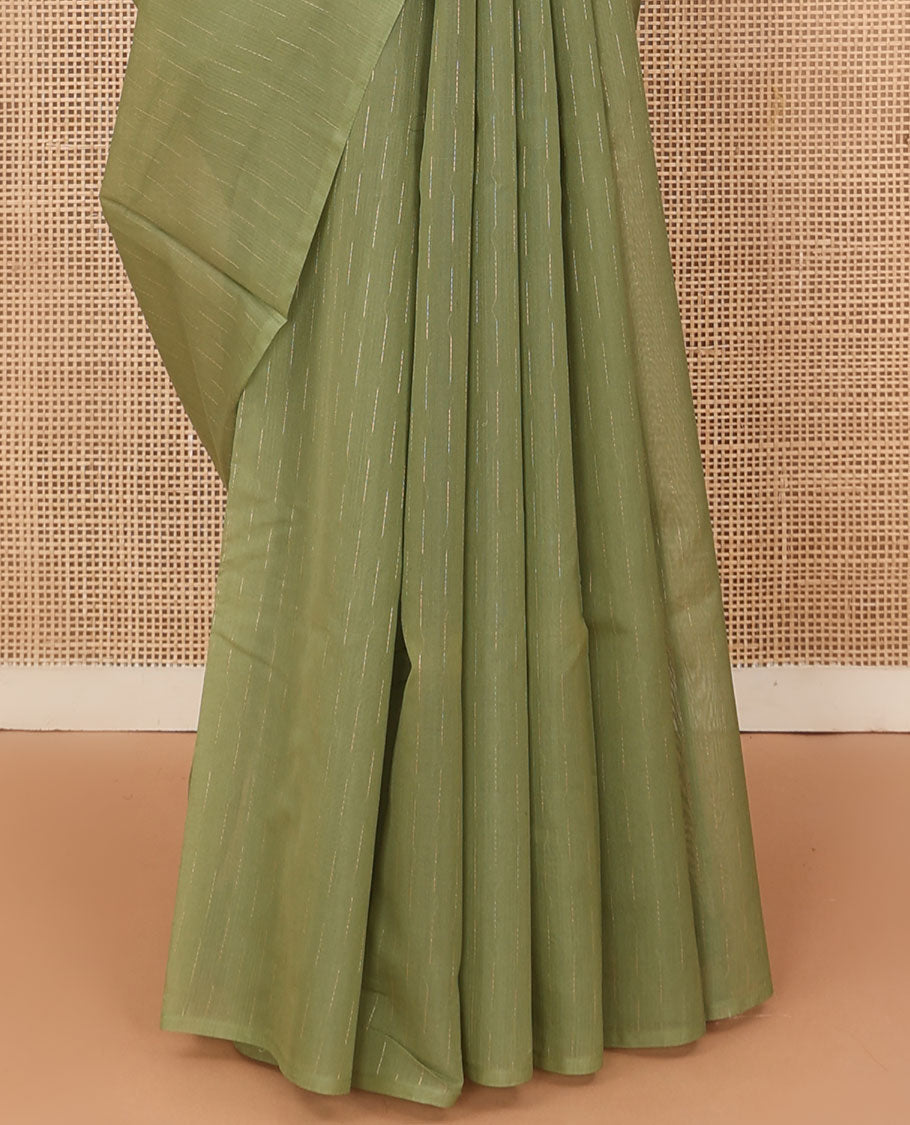 Borderless green buttas silk cotton saree, self-pallu of jaal designs