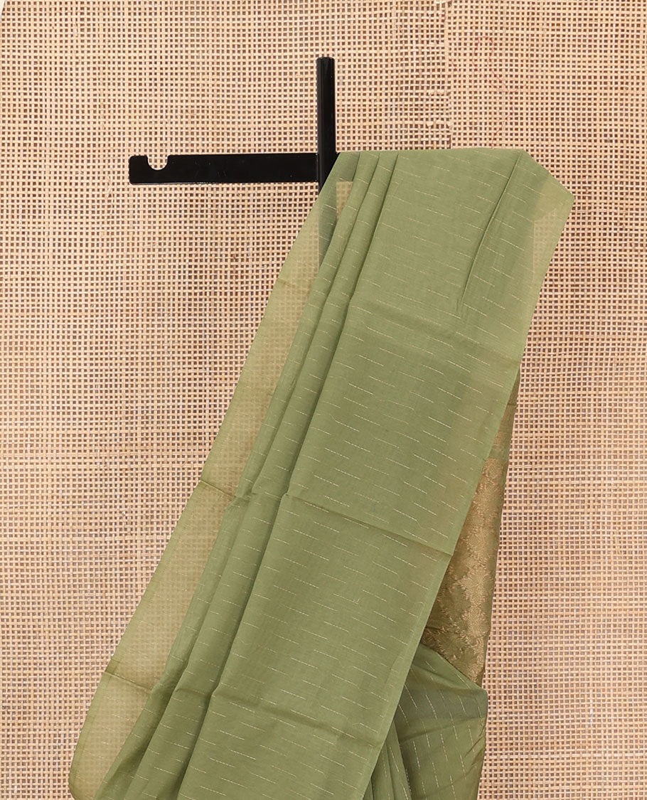 Borderless green buttas silk cotton saree, self-pallu of jaal designs
