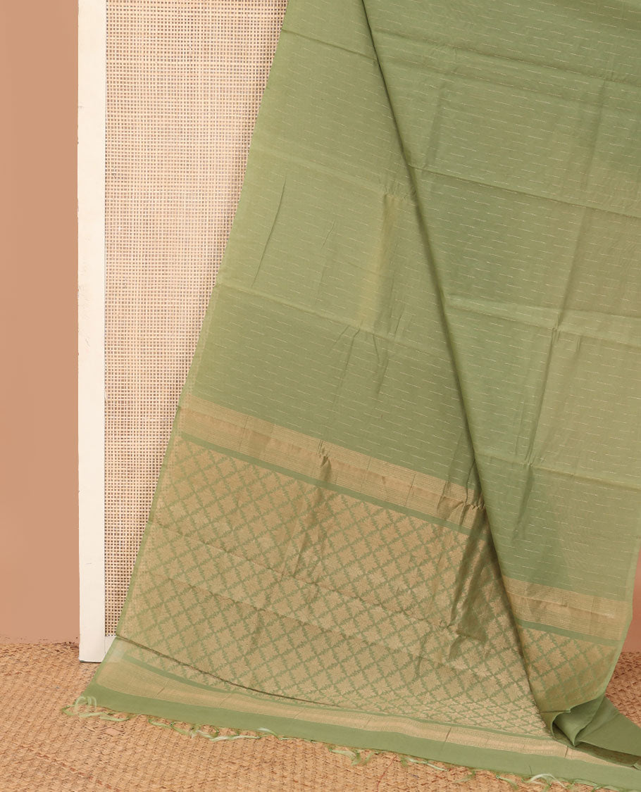 Borderless green buttas silk cotton saree, self-pallu of jaal designs