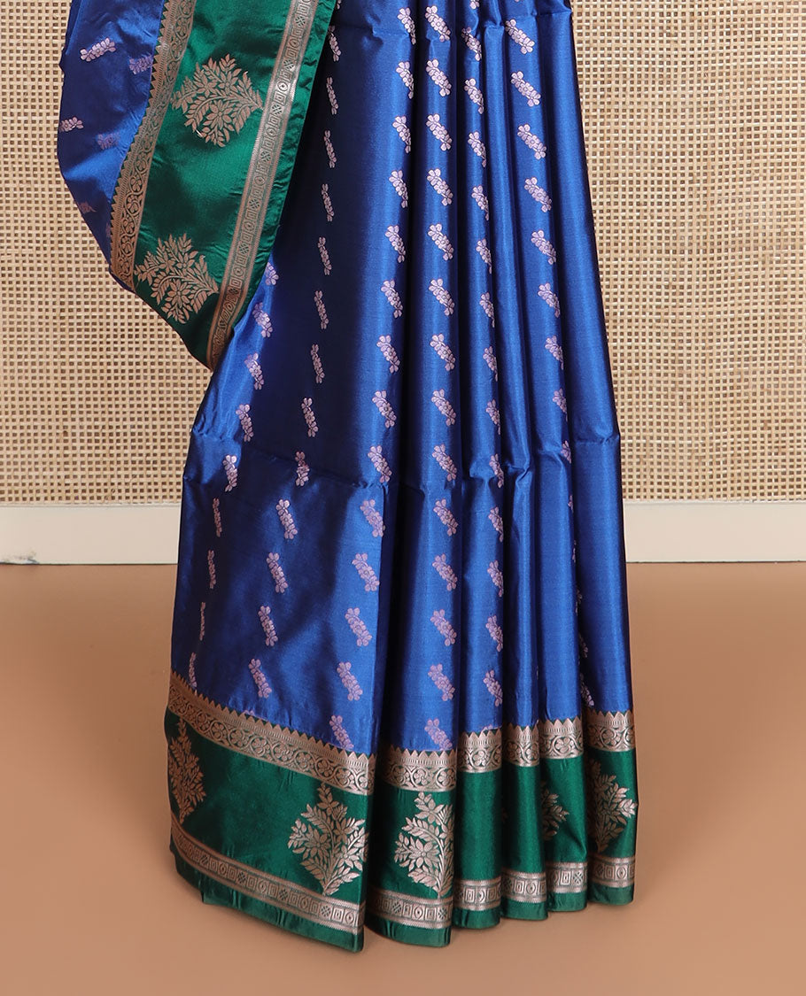 Blue zari buttas silk saree, contrast traditional zari border, and geometric pallu