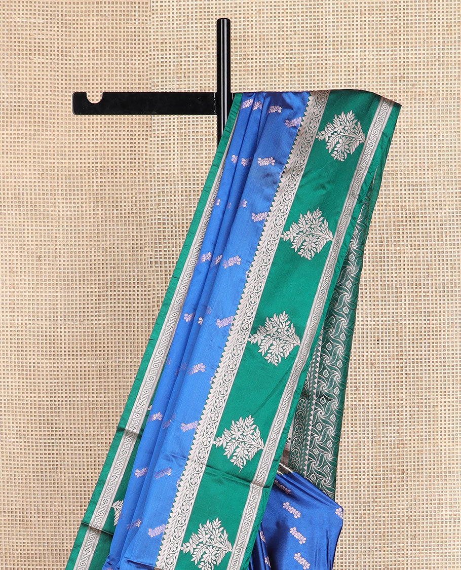 Blue zari buttas silk saree, contrast traditional zari border, and geometric pallu