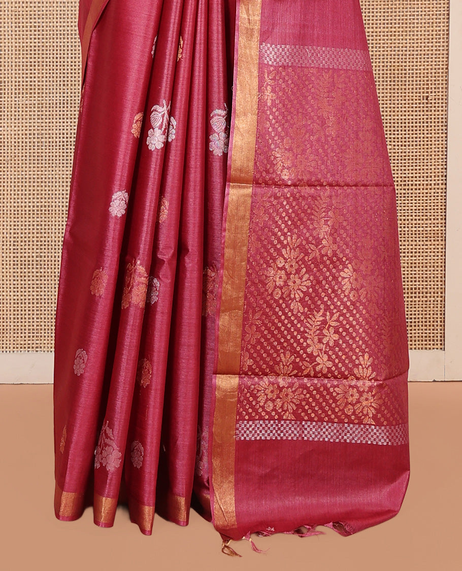Red Tussar Saree, Showcasing Floral Buttas, a Subtle Zari Border, Pallu of Polka Dot and Floral Designs, and a Matching Blouse