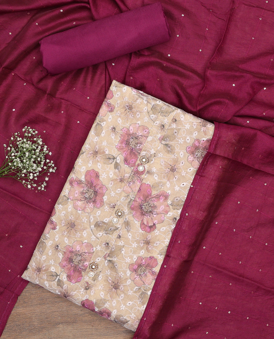 Sandal chudidhar material set floral thread embroidery top, contrast plain bottom & sequins embroidery dupatta
