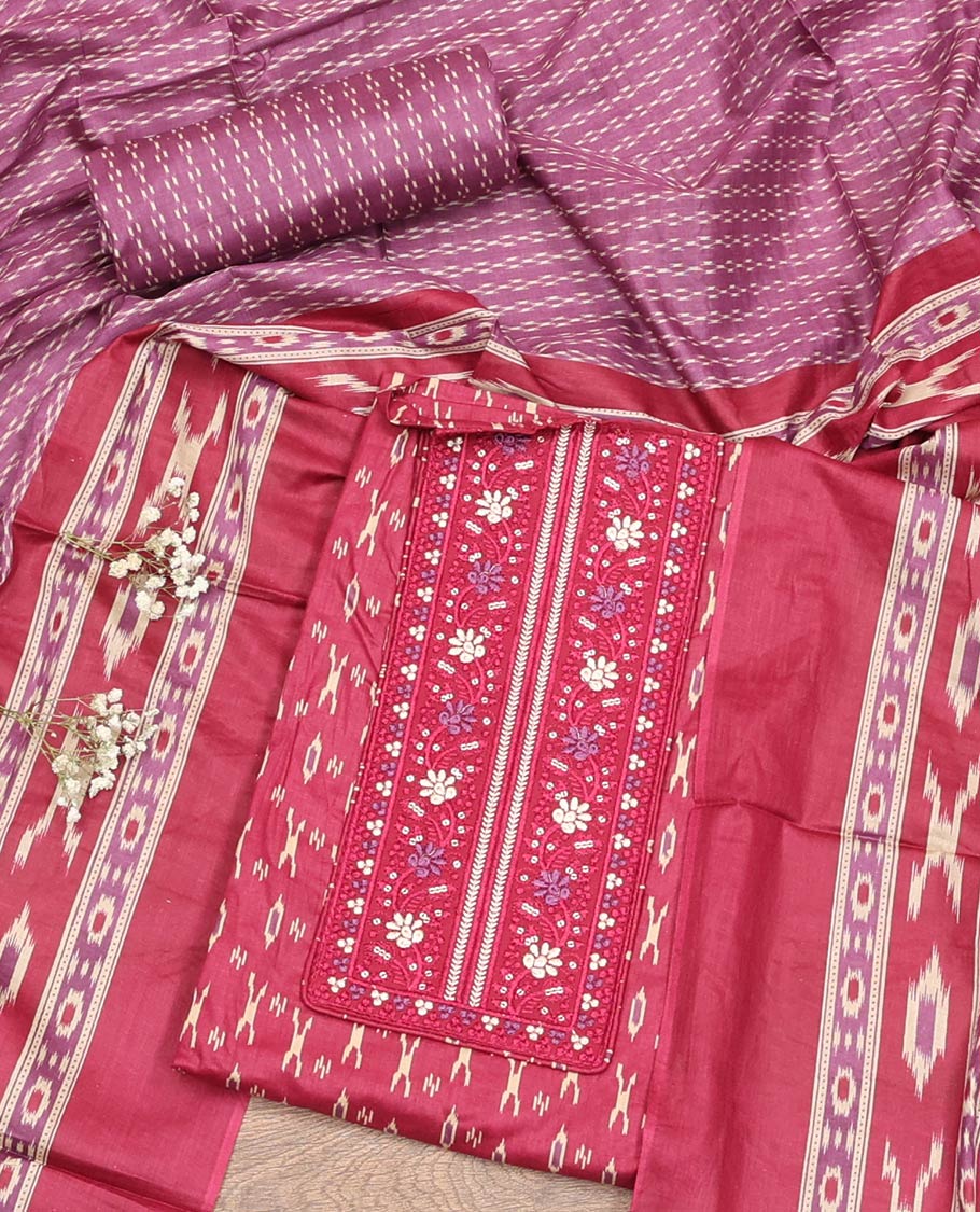 Pink Material Chudidar Set, Adorned with Ikkat-Style Buttas Printed and Neck Embroidery Cotton Top, Complemented by Contrast Printed Cotton Bottom, and Paired with Ikkat-Style Printed Cotton Dupatta