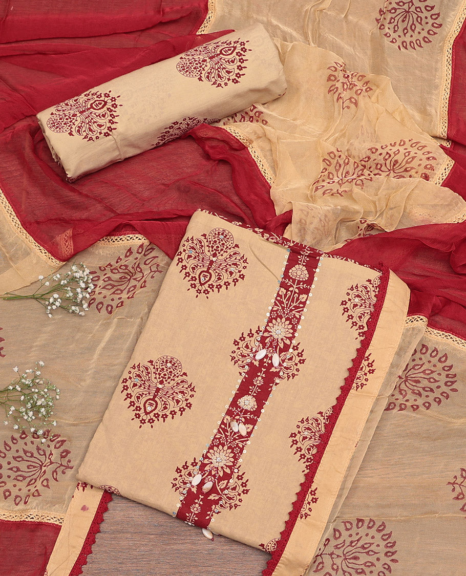 Sandal Material Churidar Set, Detailed with Unique Motif Print and Neck Work Cotton Top, Printed Bottom, and Sandal-Red Printed Chiffon Dupatta