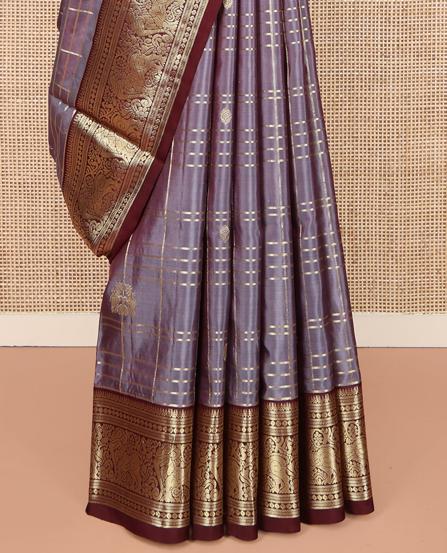 Grey Venkatagiri Silk Saree, Enriched with Zari Buttas Enclosed Checked Design on Its Body, Complemented by a Contrast Traditional Zari Border of Yaali Designs, Pallu of Jaal Designs, and Paired with a Contrast Blouse