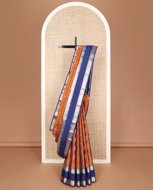 Copper color zari buttas vasundhara elite silk saree, contrast rettai pettu border of rekku, muthu, diamond & kuyil kann & pallu steeped with kodi visiry designs