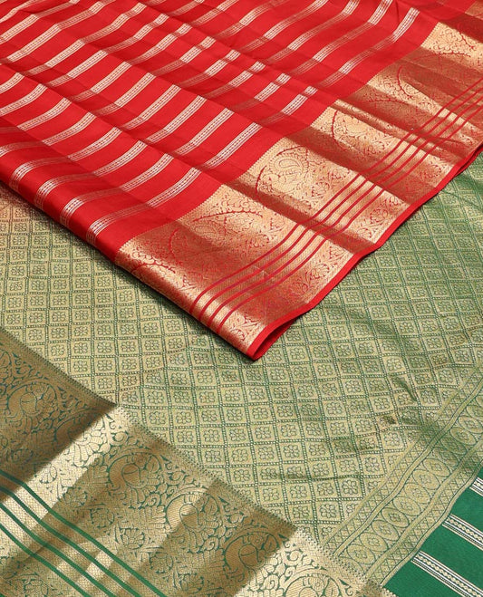 Red zari design Vasundhara silk mix saree, zari border of thilakam,mayil,kodi visiry & mayil kann contrast jaal pallu