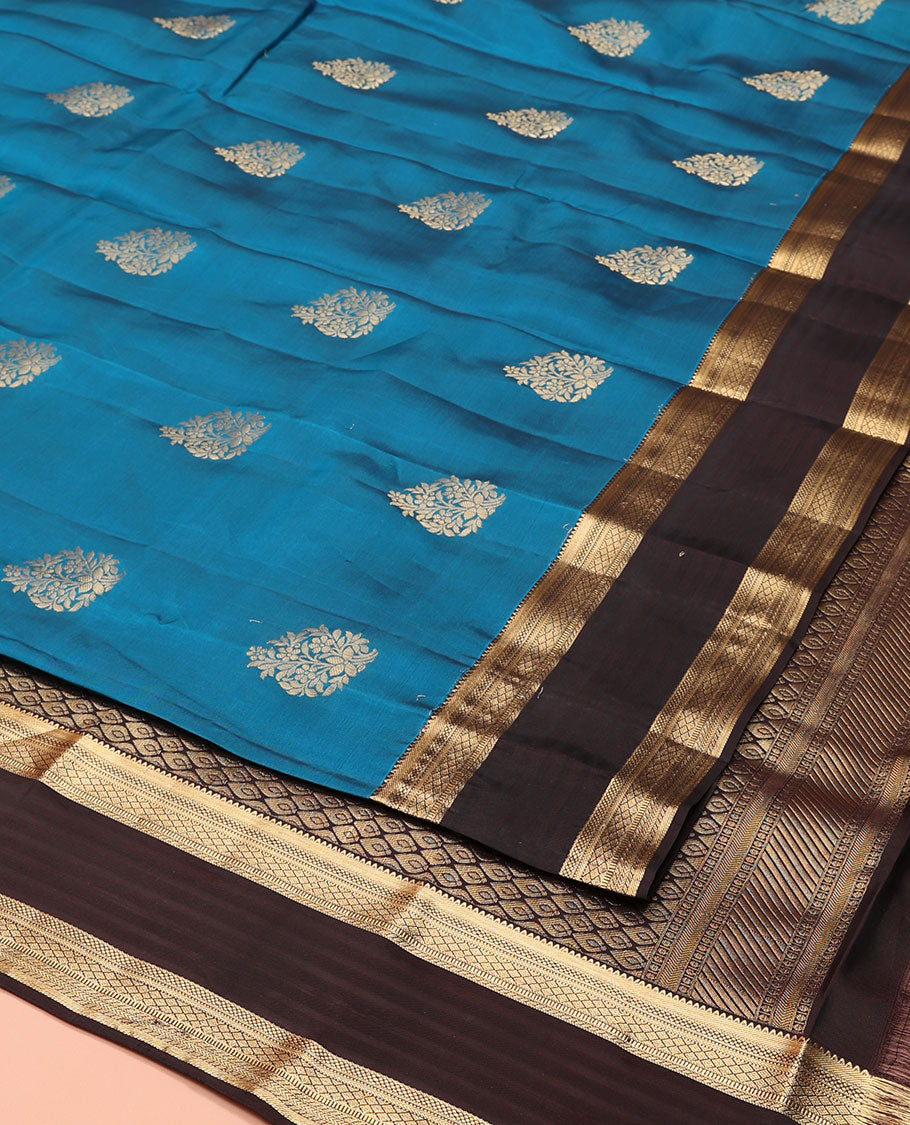 Blue Vasundhara Lite-Silk Mix Saree, Ornamented with Zari Buttas, Complemented by a Contrast Border of Traditional Zari Designs, Grand Pallu of Thilakam Patterns, and Paired with a Contrast Blouse