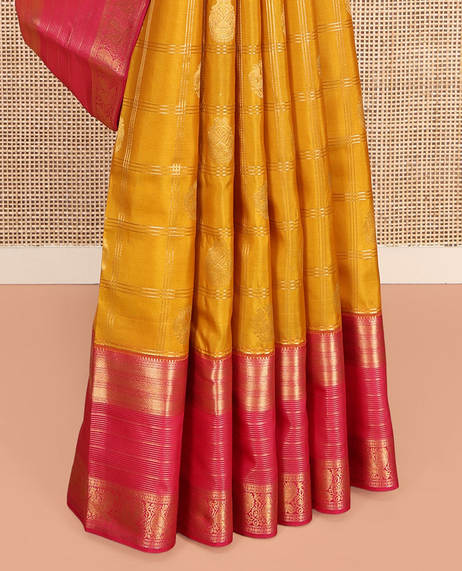 Yellow Vasundhara Lite-Silk Mix Saree, Delicately Woven with Zari Butta Enclosed Checks, Contrast Mayil Design Border, Grand Pallu, and a Contrast Blouse