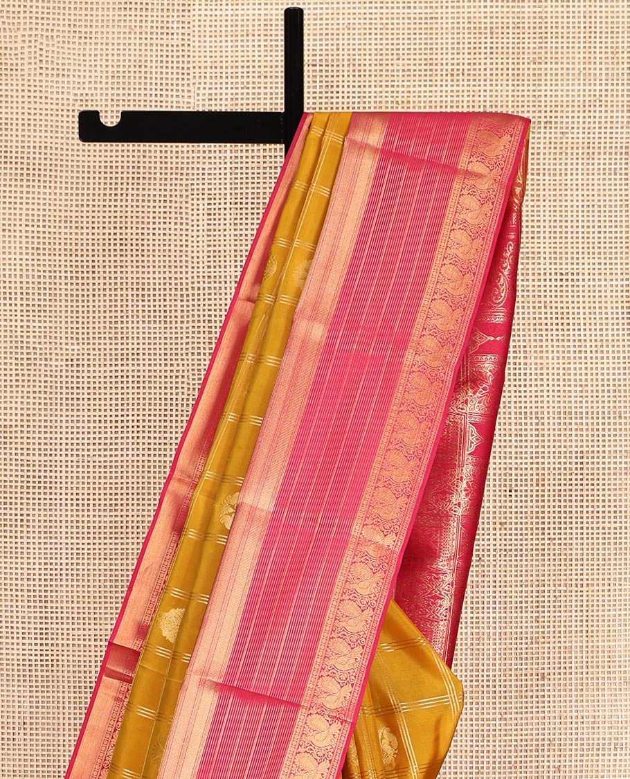 Yellow Vasundhara Lite-Silk Mix Saree, Delicately Woven with Zari Butta Enclosed Checks, Contrast Mayil Design Border, Grand Pallu, and a Contrast Blouse