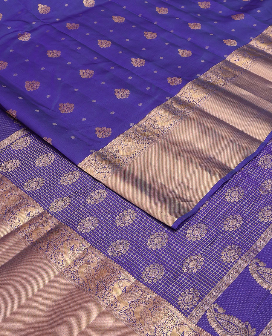 Blue zari buttas vasundhara elite silksaree,zari border of rekku,neli,mayil,kuthirai & stripes & pallu of chakra & checks