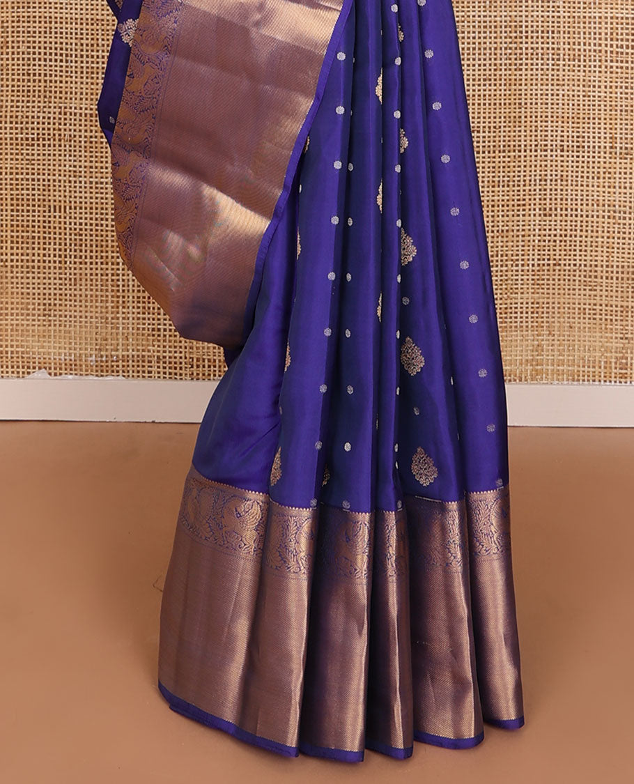 Blue zari buttas vasundhara elite silksaree,zari border of rekku,neli,mayil,kuthirai & stripes & pallu of chakra & checks