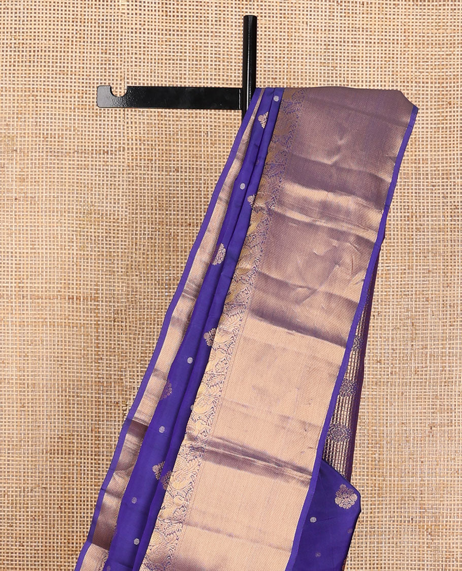 Blue zari buttas vasundhara elite silksaree,zari border of rekku,neli,mayil,kuthirai & stripes & pallu of chakra & checks