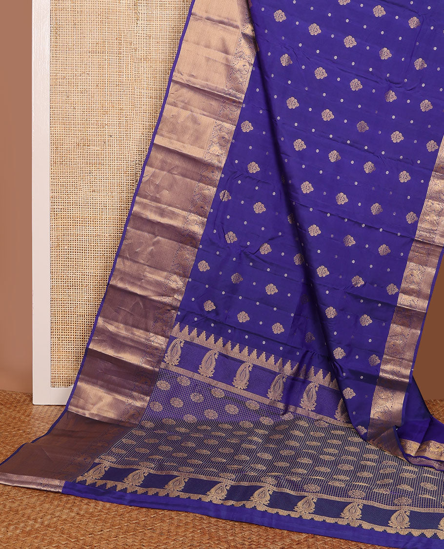 Blue zari buttas vasundhara elite silksaree,zari border of rekku,neli,mayil,kuthirai & stripes & pallu of chakra & checks