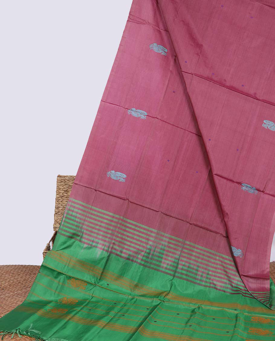 Borderless Pink banana pith saree with peacock motifs and stripes pallu