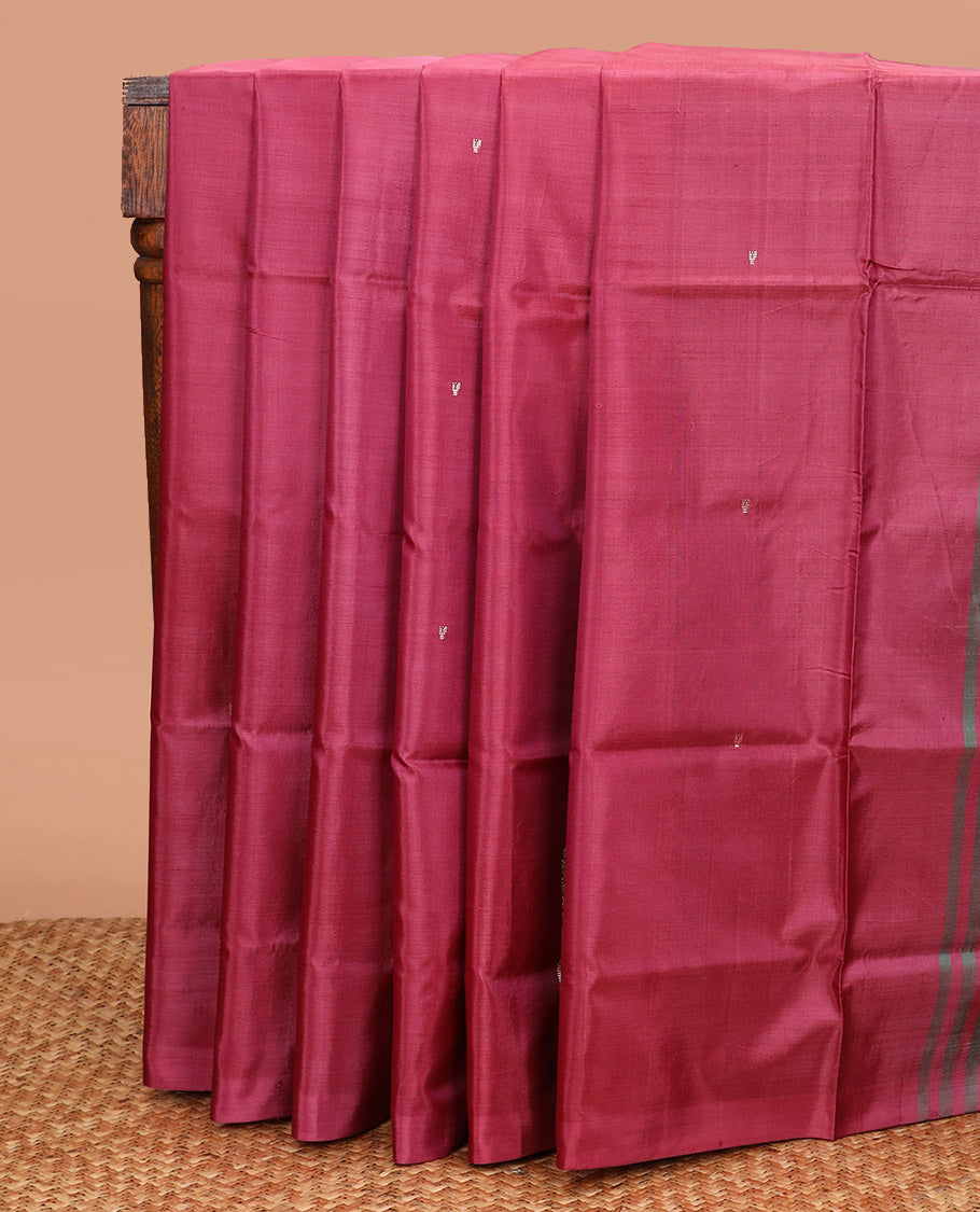 Borderless Red Banana Pith Saree, Detailed with Buttas All Over Its Body, Complemented by a Contrast Pallu Featuring Buttas, and Paired with a Contrast Blouse