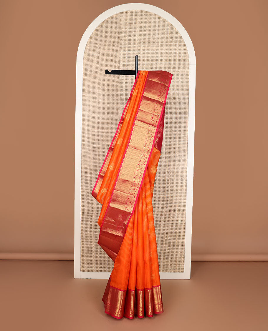 Orange zari designs silk saree, contrast border of rekku,kathir, then kuli kann & kodi visiry & jaal pallu