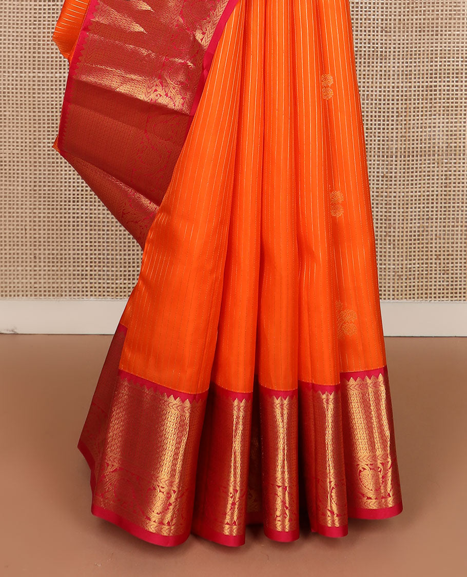 Orange zari designs silk saree, contrast border of rekku,kathir, then kuli kann & kodi visiry & jaal pallu