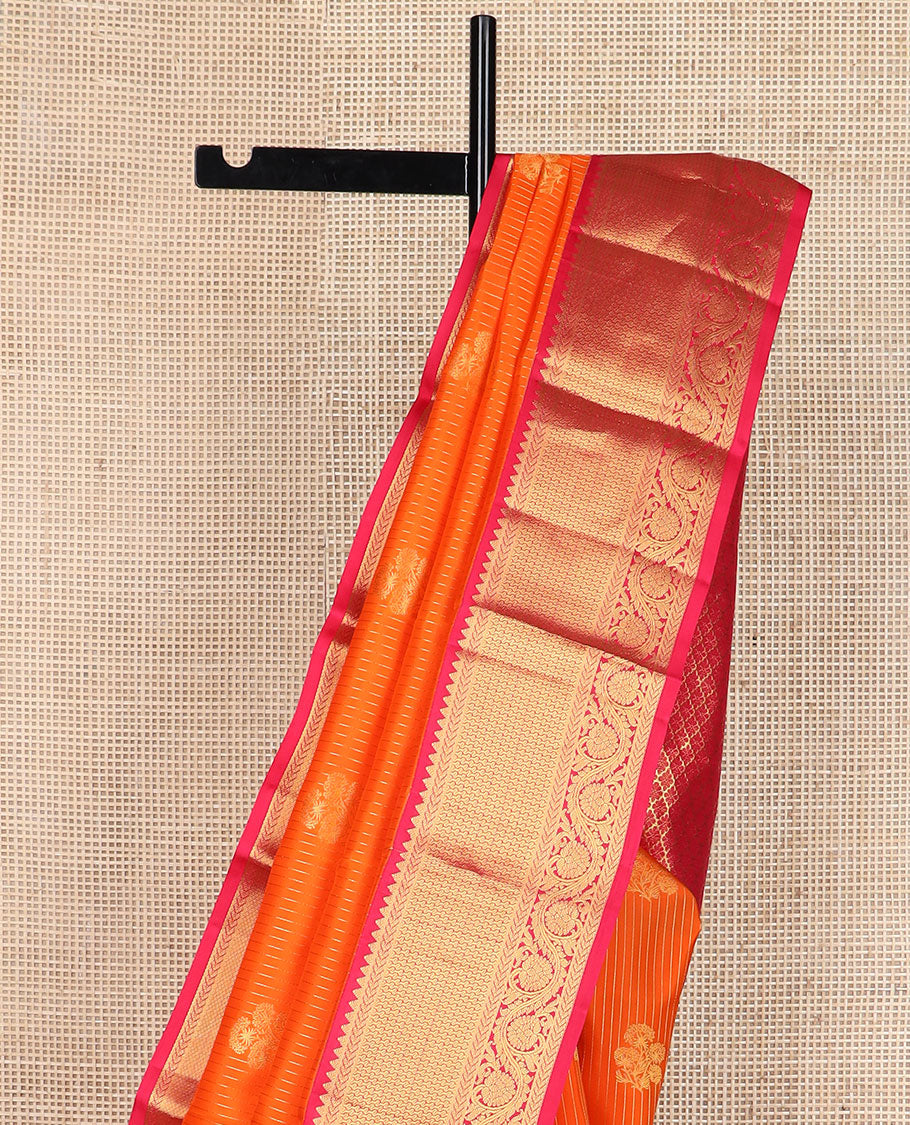 Orange zari designs silk saree, contrast border of rekku,kathir, then kuli kann & kodi visiry & jaal pallu
