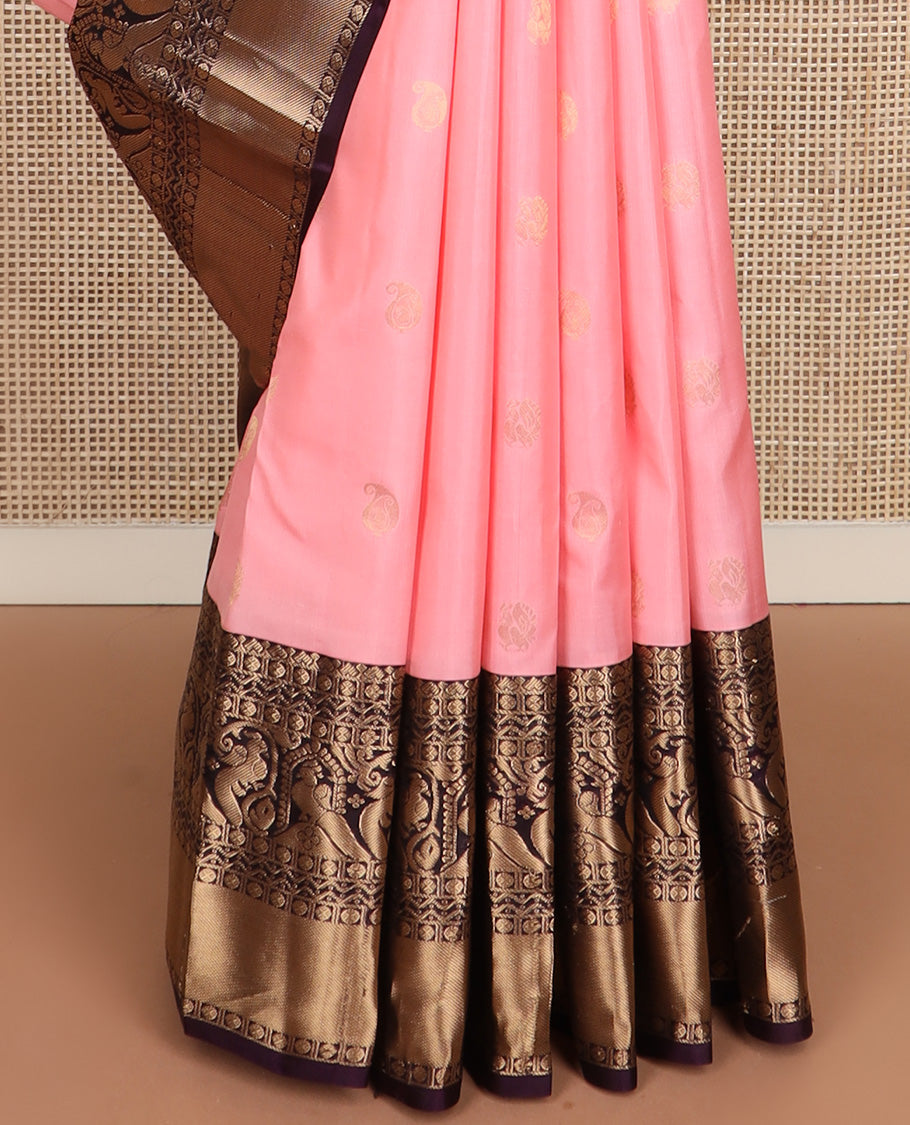 Pink zari buttas silk saree, contrast border of rudraksham, neli and mayil designs, and jaal pallu