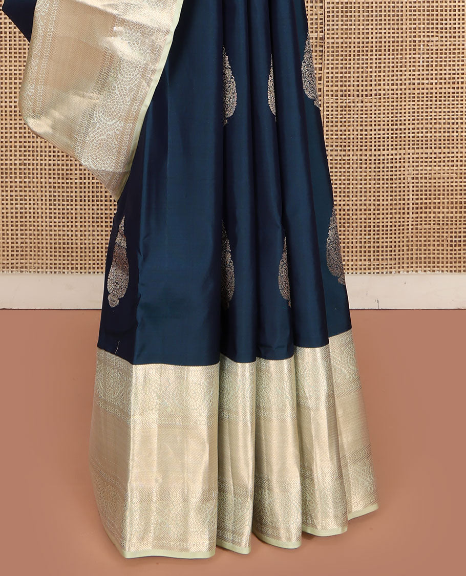 Blue Vasundhara Lite Silk Mix Saree, Elegantly Highlighted with Zari Buttas on Its Body, Complemented by a Contrast Zari Border of Banaras, Paisa, and Mayil Designs, Intricately Designed Pallu, and Paired with a Contrast Blouse