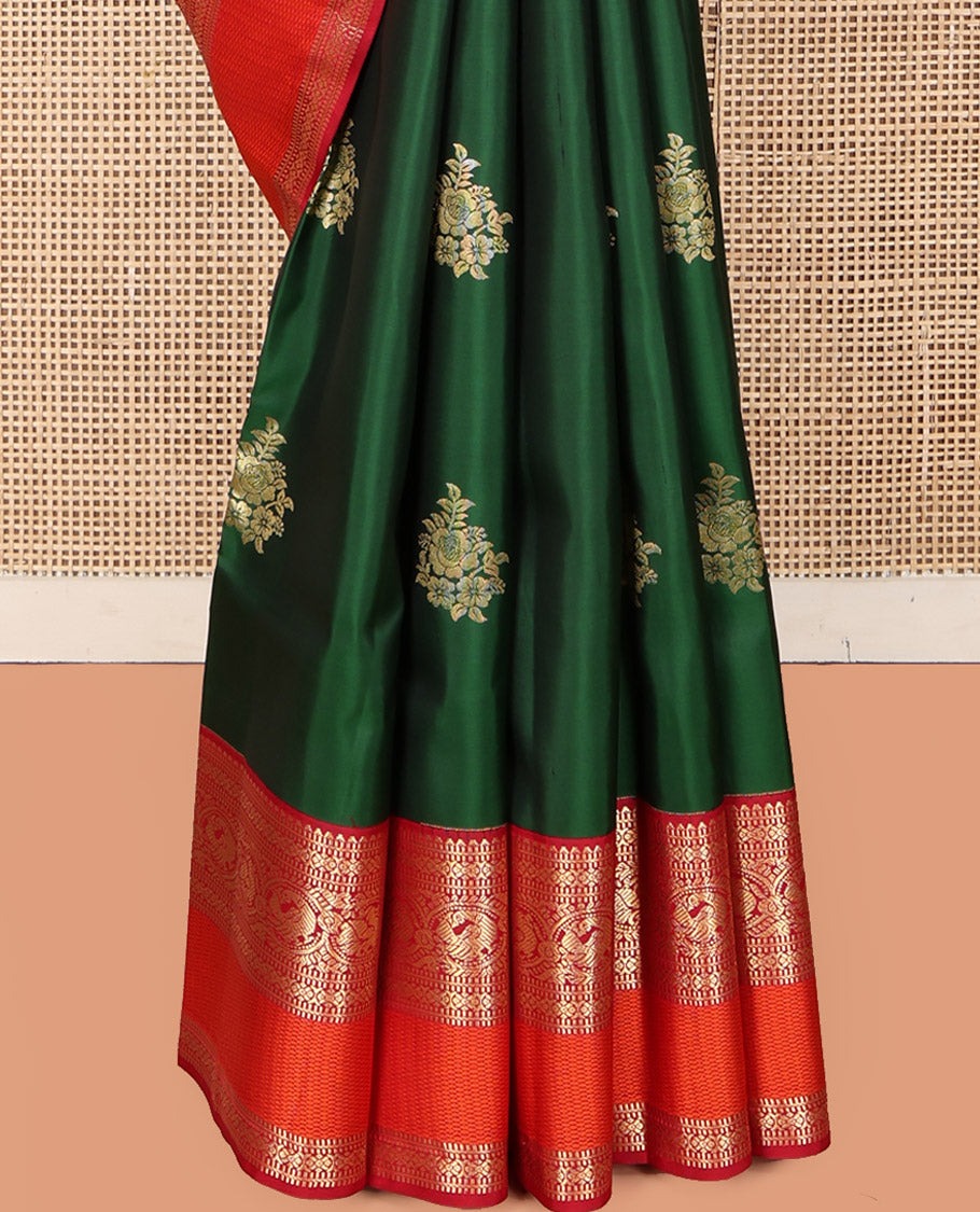 Green Vasundhara Silk Saree, Crafted with Zari Buttas, Complemented by Contrast Border Rekku, Muthu, and Mayil Designs, Grand Pallu, and Contrast Blouse