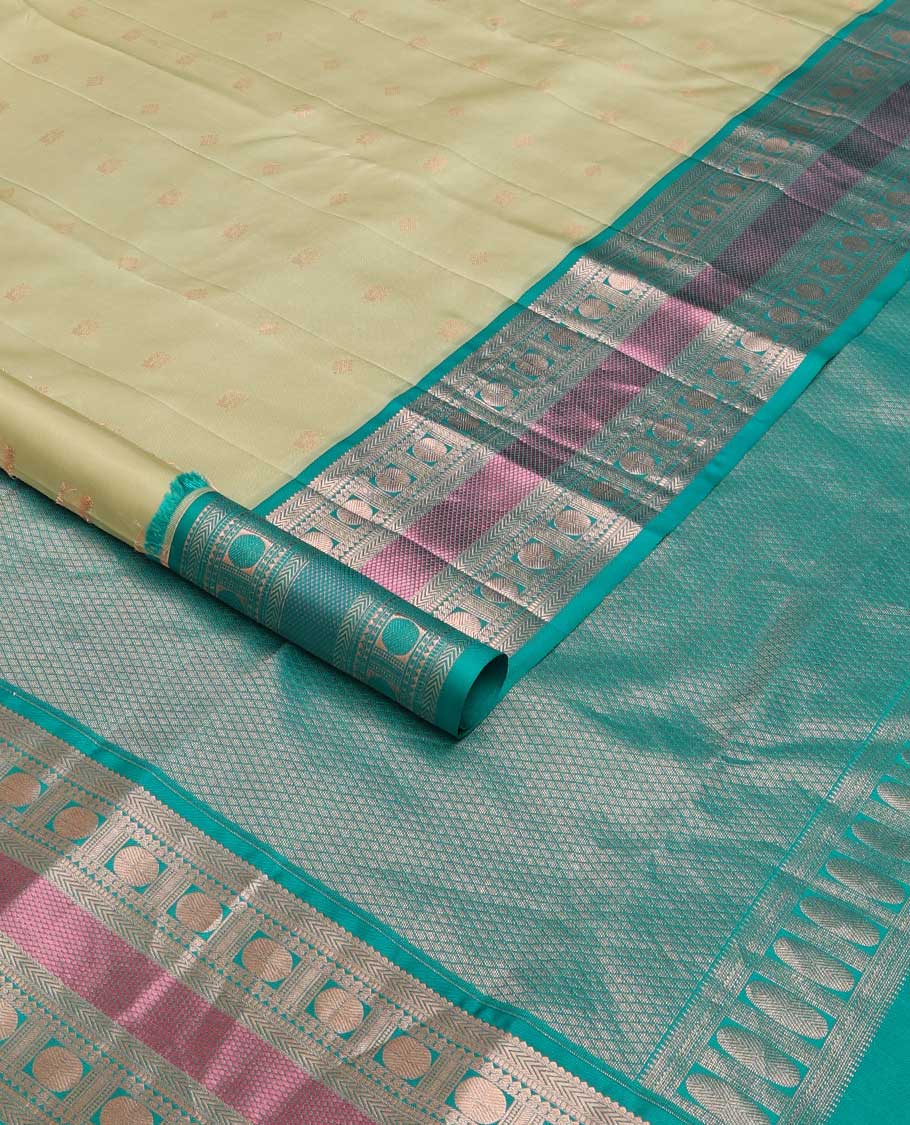 Green zari buttas silk saree, contrast border of rekku, kathir, poun, and mayil kann, and jaal pallu