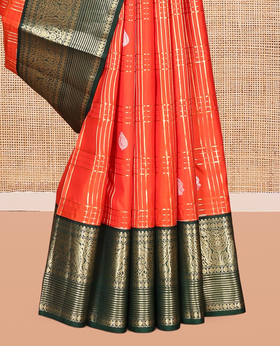 Orange Vasundhara Silk Saree Showcasing Zari Butta Enclosed Checks, Contrast Border of Muthu, Mayil, Rudraksham, and Banaras Designs, Jaal Pallu, and Contrast Blouse