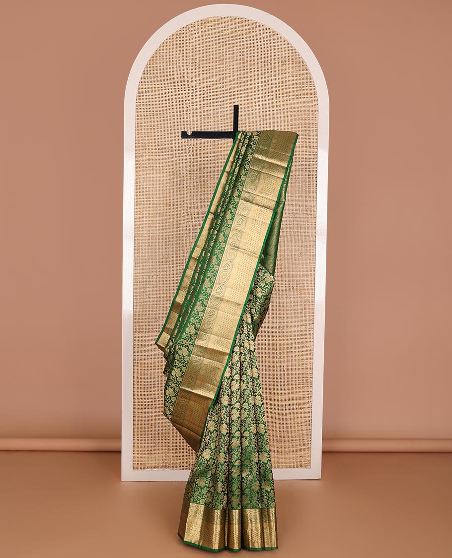 Green jacquard kanchipuram wedding silk saree, zari border of geometric patterns & jaal pallu