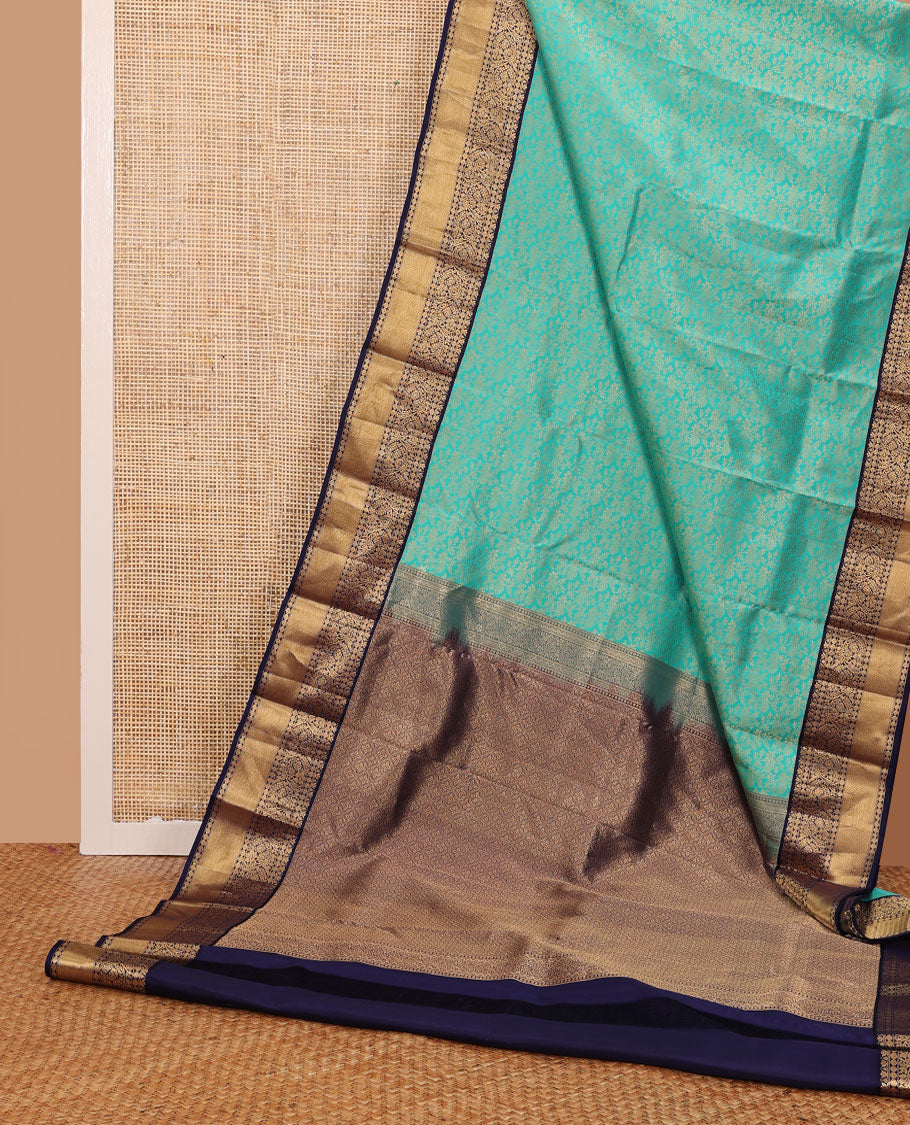 Turquoise blue jacquard wedding silk saree, contrast border of poun, kodi visiry & vanki design & jaal pallu