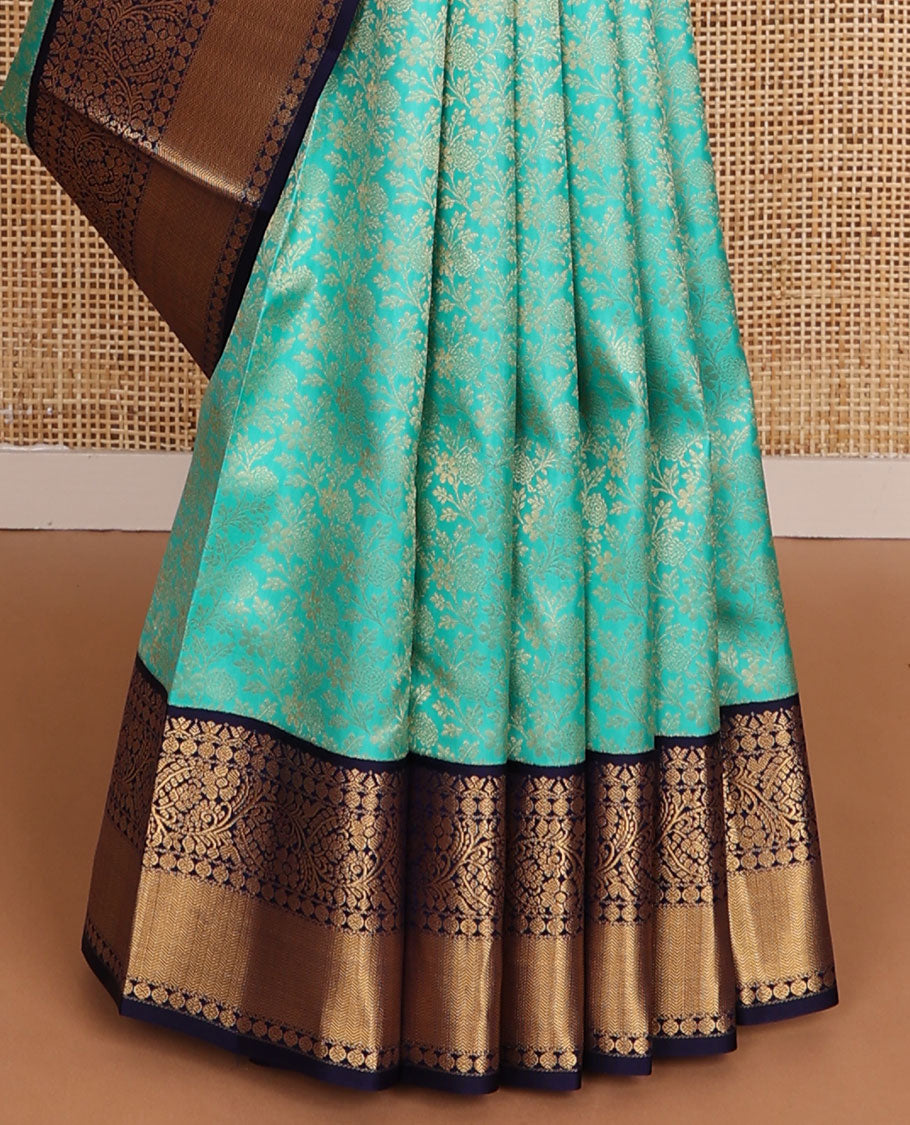 Turquoise blue jacquard wedding silk saree, contrast border of poun, kodi visiry & vanki design & jaal pallu