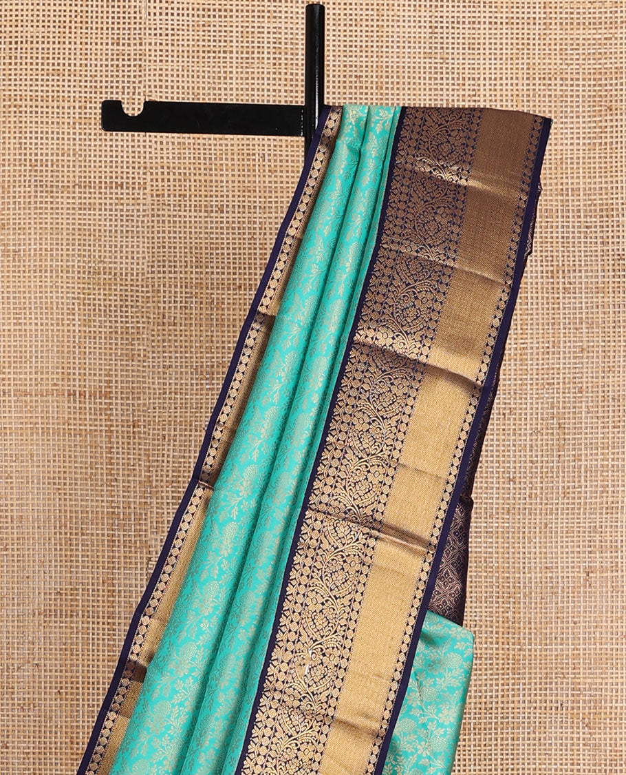 Turquoise blue jacquard wedding silk saree, contrast border of poun, kodi visiry & vanki design & jaal pallu