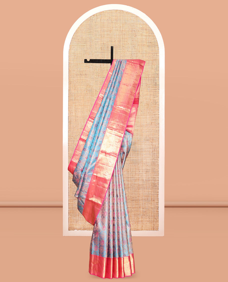 Blue Kanchipuram Wedding Silk Saree, Impeccably Styled with Jacquard Design, a Contrast Border of Traditional Designs, Grand Pallu, and a Contrast Blouse
