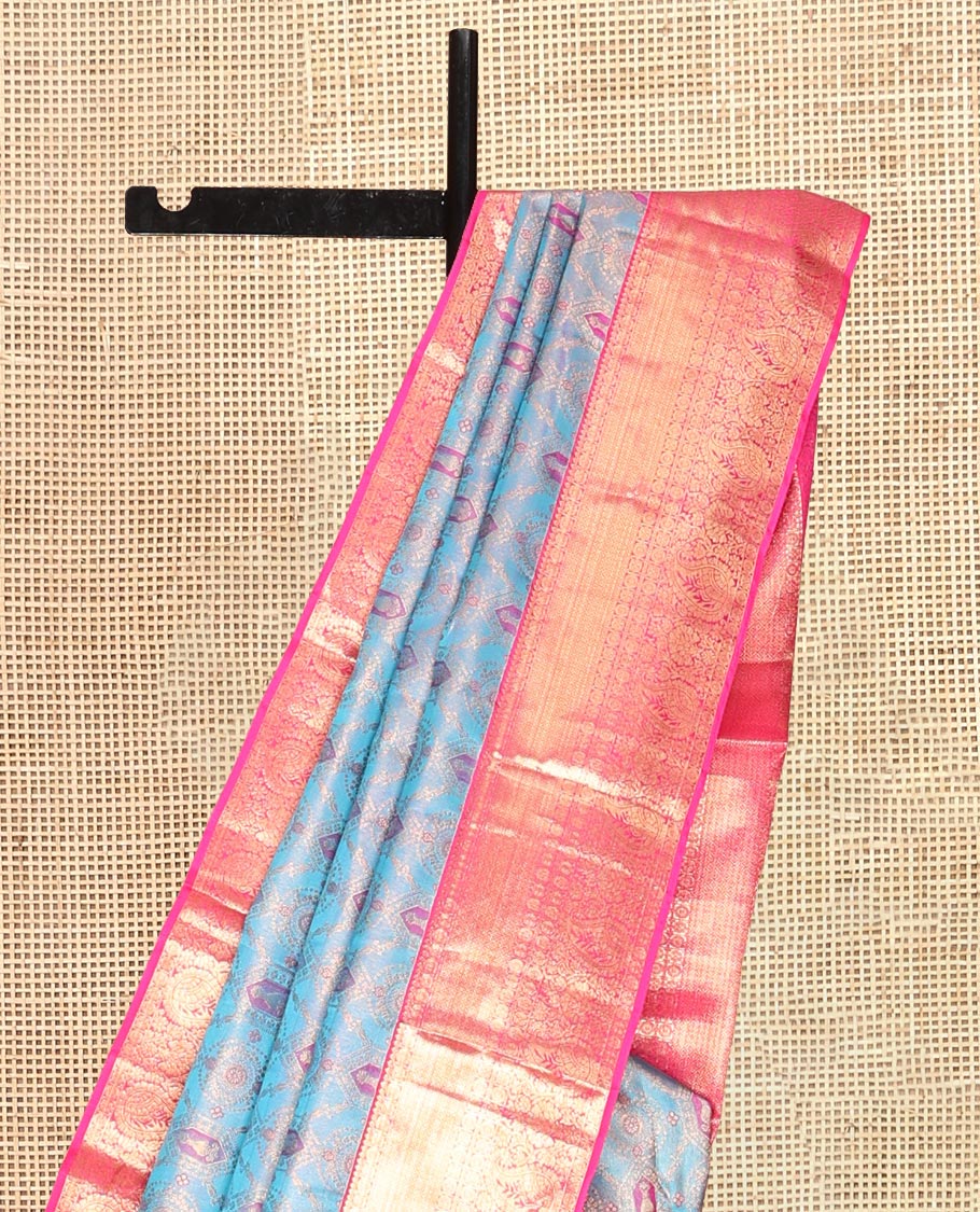 Blue Kanchipuram Wedding Silk Saree, Impeccably Styled with Jacquard Design, a Contrast Border of Traditional Designs, Grand Pallu, and a Contrast Blouse