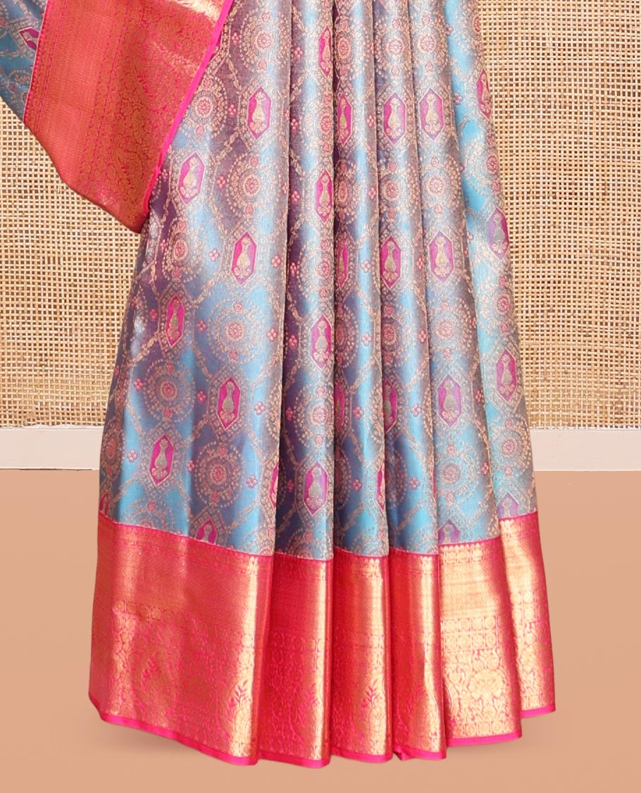 Blue Kanchipuram Wedding Silk Saree, Impeccably Styled with Jacquard Design, a Contrast Border of Traditional Designs, Grand Pallu, and a Contrast Blouse
