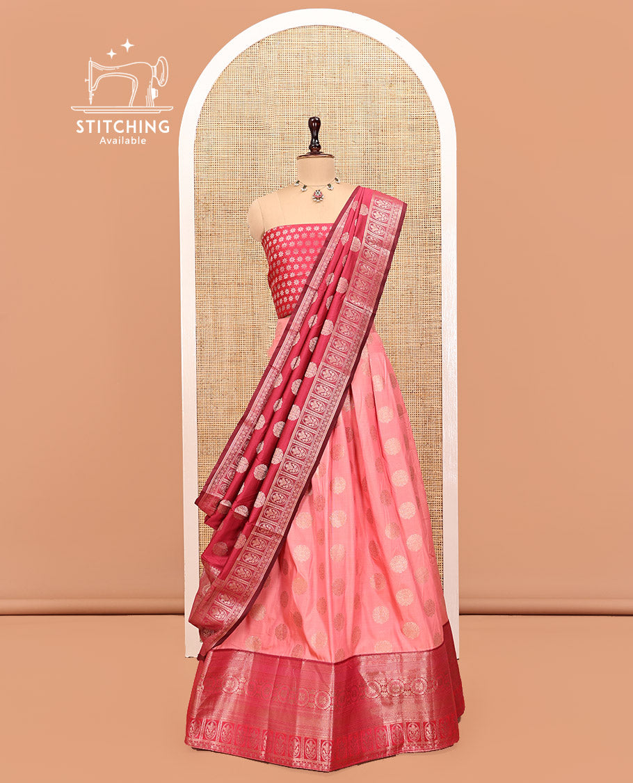 Pink Art Silk Half Saree, Detailed with Zari Buttas Skirt, Contrast Traditional Border, Jacquard Blouse, and a Contrast Banaras Dhavani