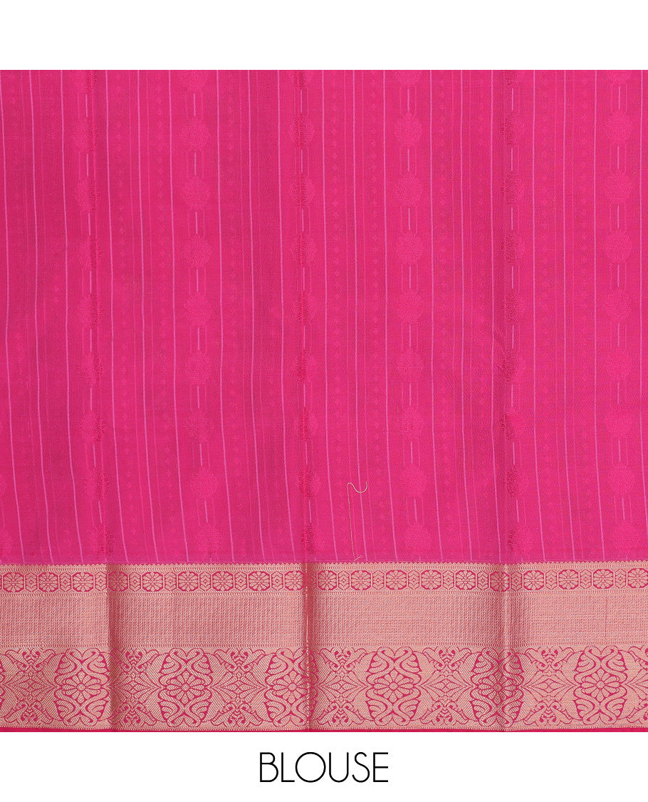 Pink art silk pavadai set, zari design with contrast traditional zari bordered skirt and a contrast zari design blouse